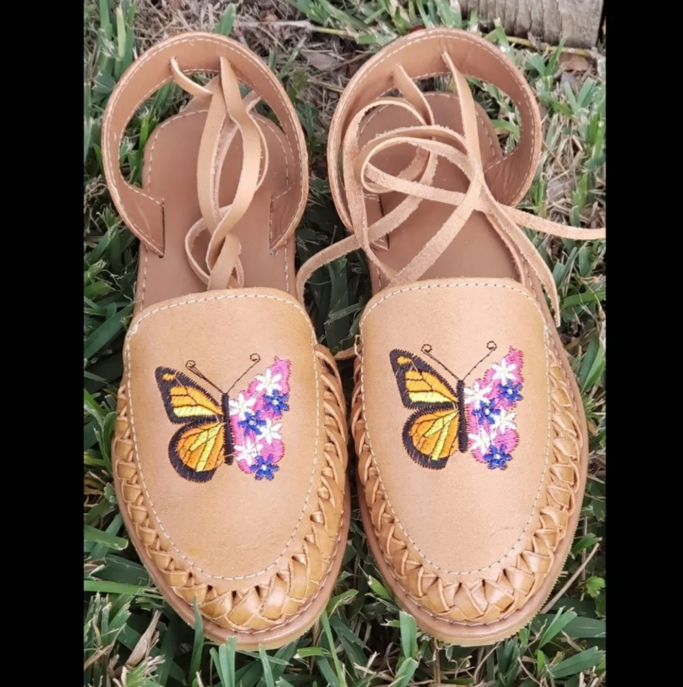 Embroidered Butterfly Leather Flats | Tan Boho Artisan Lace-Up Shoes - Picture 3 of 3